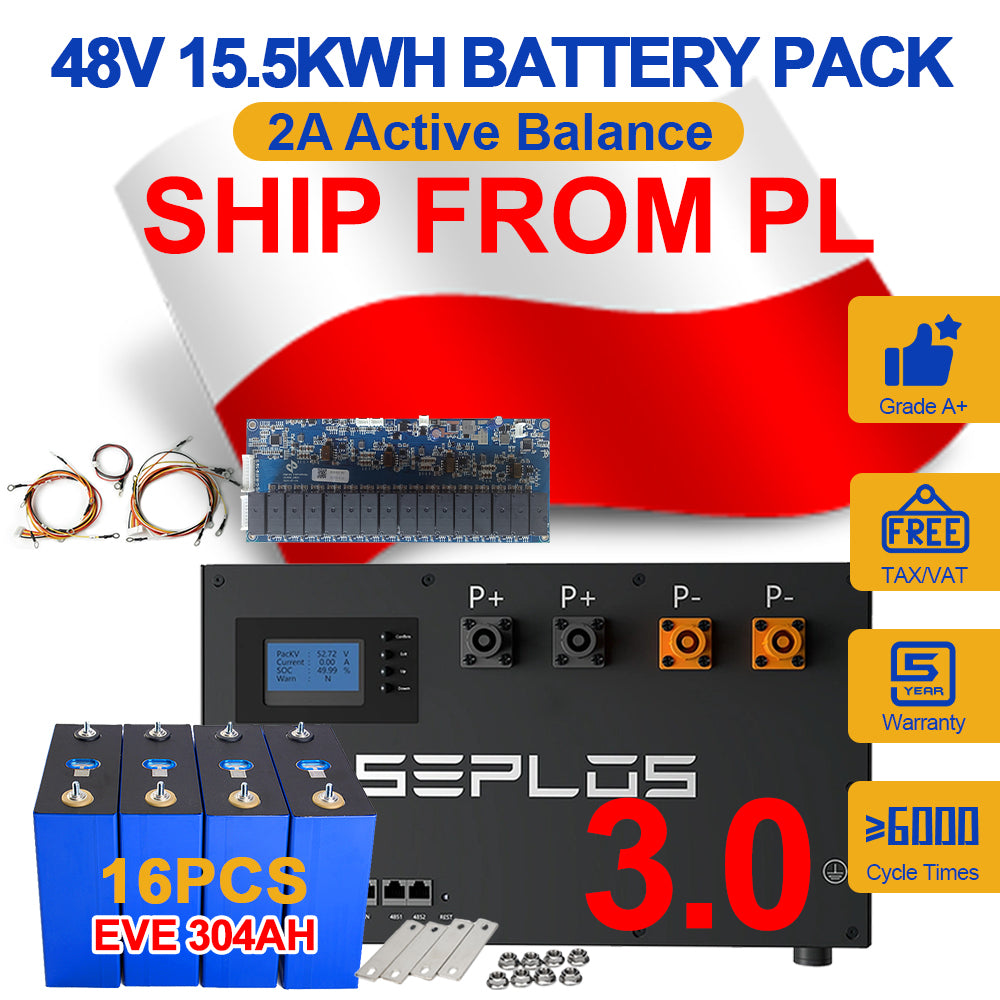 Poland 15.5KWH 3.0 Seplos Kits 2A Active Balancer 16pcs EVE304 Grade A+ Lifepo4 Battery Pack Free Ship
