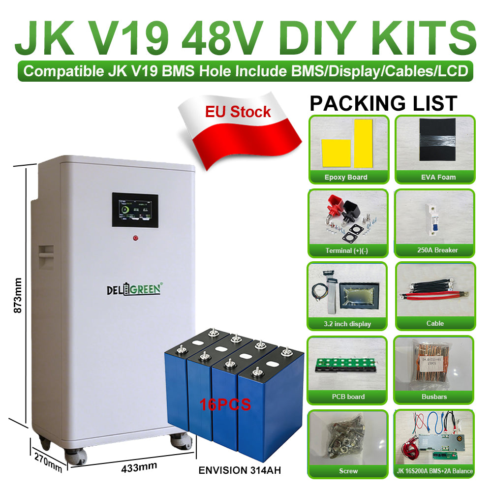 EU Stock Lifepo4 Battery DIY Kits JK V19 15kWh 16kWh 51.2V CATL280 Envision314 EVE314 DIY Rechargeable Home Solar