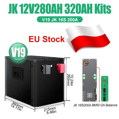 EU Stock JK V19 12V280AH 320AH Lifepo4 Battery Kits JK-B1A8S20P 200A BMS CAN RS485 1P4S DIY Solar Storage Protable Case