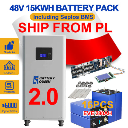 Poland 15KWH Battery Pack Seplos Battery Kits with 16pcs EVE280K Lifepo4 Grade A+ 6000 Cycles Free Ship To EU