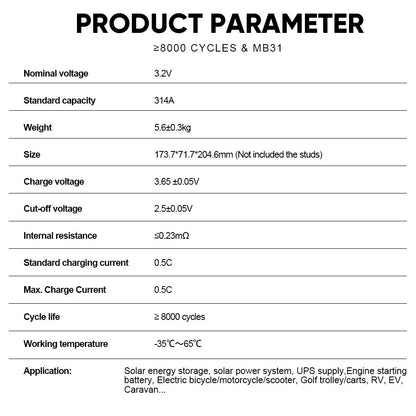 Poland Stock EVE314AH Grade A+ Lifepo4 Battery 8000 Cycles Tax Free Rechargeable Battery Home Solar