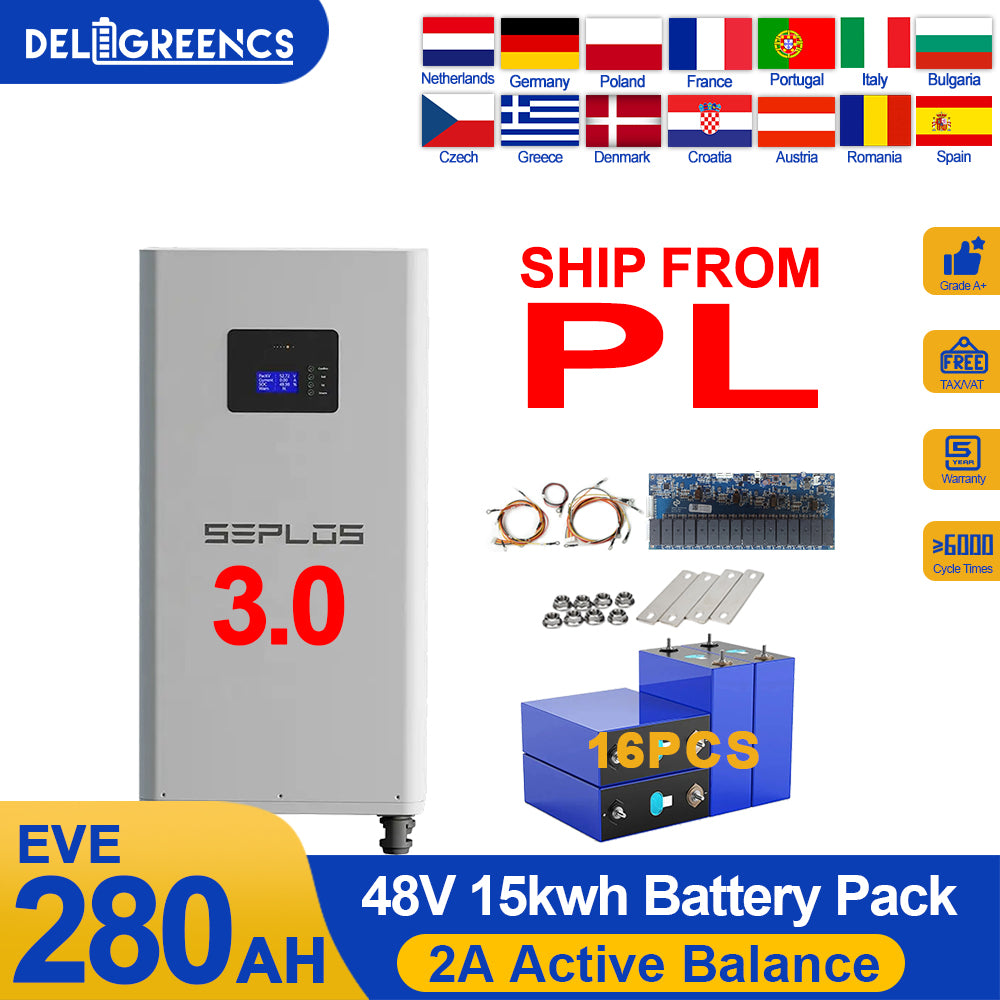 Poland 15KWH Lifepo4 Battery Pack 3.0 Seplos Kits 2A Active Balancer 16PCS EVE280K Grade A+ Free Ship To EU