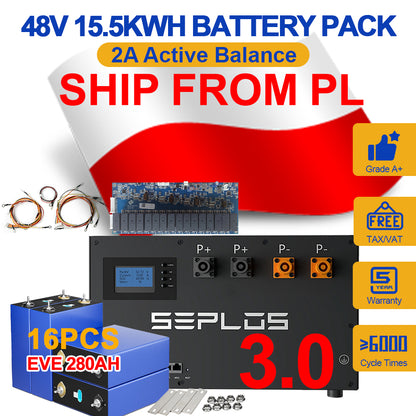 Poland 15KWH Lifepo4 Battery Pack 3.0 Seplos Kits 2A Active Balancer 16PCS EVE280K Grade A+ Free Ship To EU