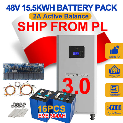 Poland 15.5KWH 3.0 Seplos Kits 2A Active Balancer 16pcs EVE304 Grade A+ Lifepo4 Battery Pack Free Ship