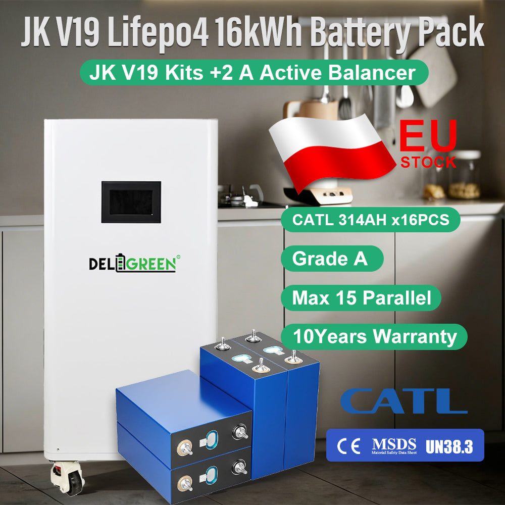EU Lifepo4 Battery Grade A 16kWh CATL314 Lifepo4 Battery JK V19 Box CAN RS485 2A Active Balancer Kits Tax&Shipping Free