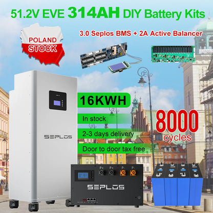 Poland Stock 16KWH Seplos 3.0 Kits 16S200A Smart BMS With 2A Active Balancer EVE314AH Grade A+ MB31 Lifepo4 Battery Tax Free To EU