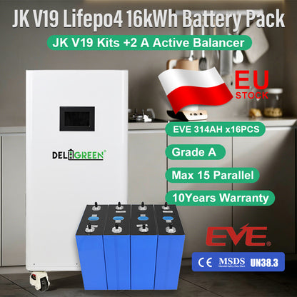EU 16kWh EVE314 MB31 8000 Cycles GradeA Lifepo4 Battery DIY Box JK V19 CAN RS485 2A Active Balancer Kits Tax Free