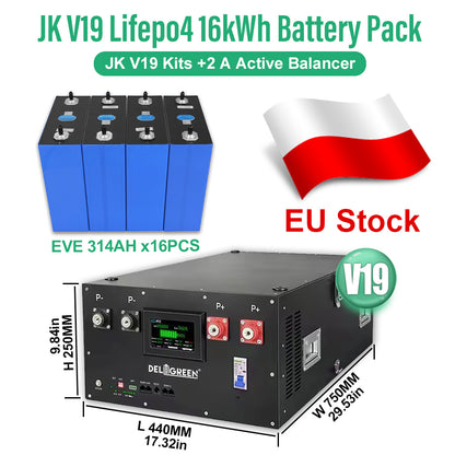 EU 16kWh EVE314 MB31 8000 Cycles GradeA Lifepo4 Battery DIY Box JK V19 CAN RS485 2A Active Balancer Kits Tax Free