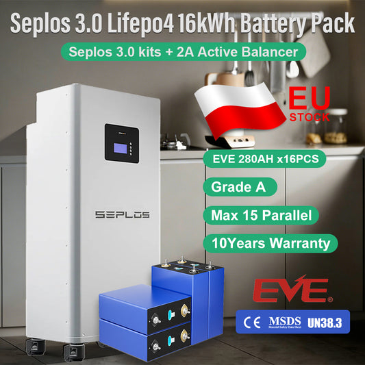 EU 15kWh Lifepo4 Battery DIY Pack EVE280K 8000 Cycles 10 Years Warranty Seplos 3.0 Kits CAN RS485 2A Active Balancer Tax Free