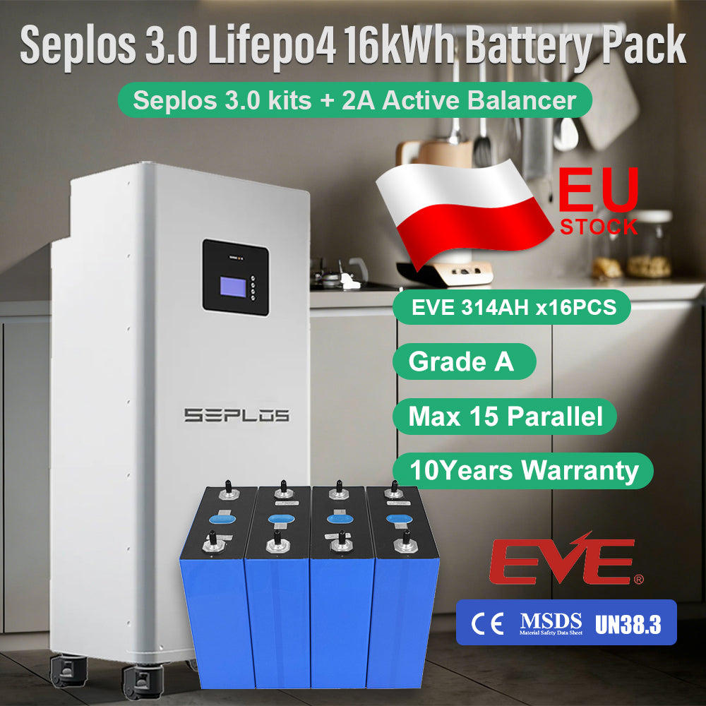 EU GradeA+ 16kWh EVE314 MB31 8000 Cycles EV Class DIY Lifepo4 Battery Pack Seplos 3.0 Kits 2A Active Balancer Home Solar Vat Free