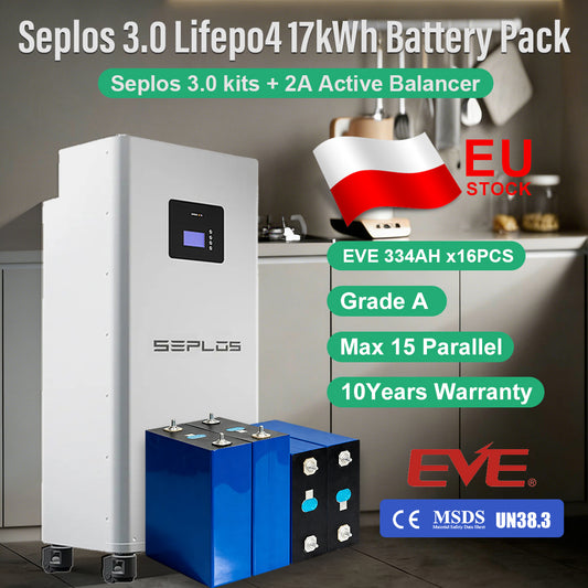 EU Lifepo4 Battery 17kWh DIY Pack EVE334 Grade A Seplos 3.0 Kits 2A Active Balancer CAN RS485 16 Parallel VAT Ship Free