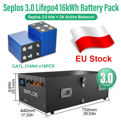 EU 15kWh DIY Lifepo4 Battery Pack CATL280 CATL314 48V Battery Seplos 3.0 Kits CAN RS485 2A Active Balancer Tax Free Home Solar 10 Years Warranty