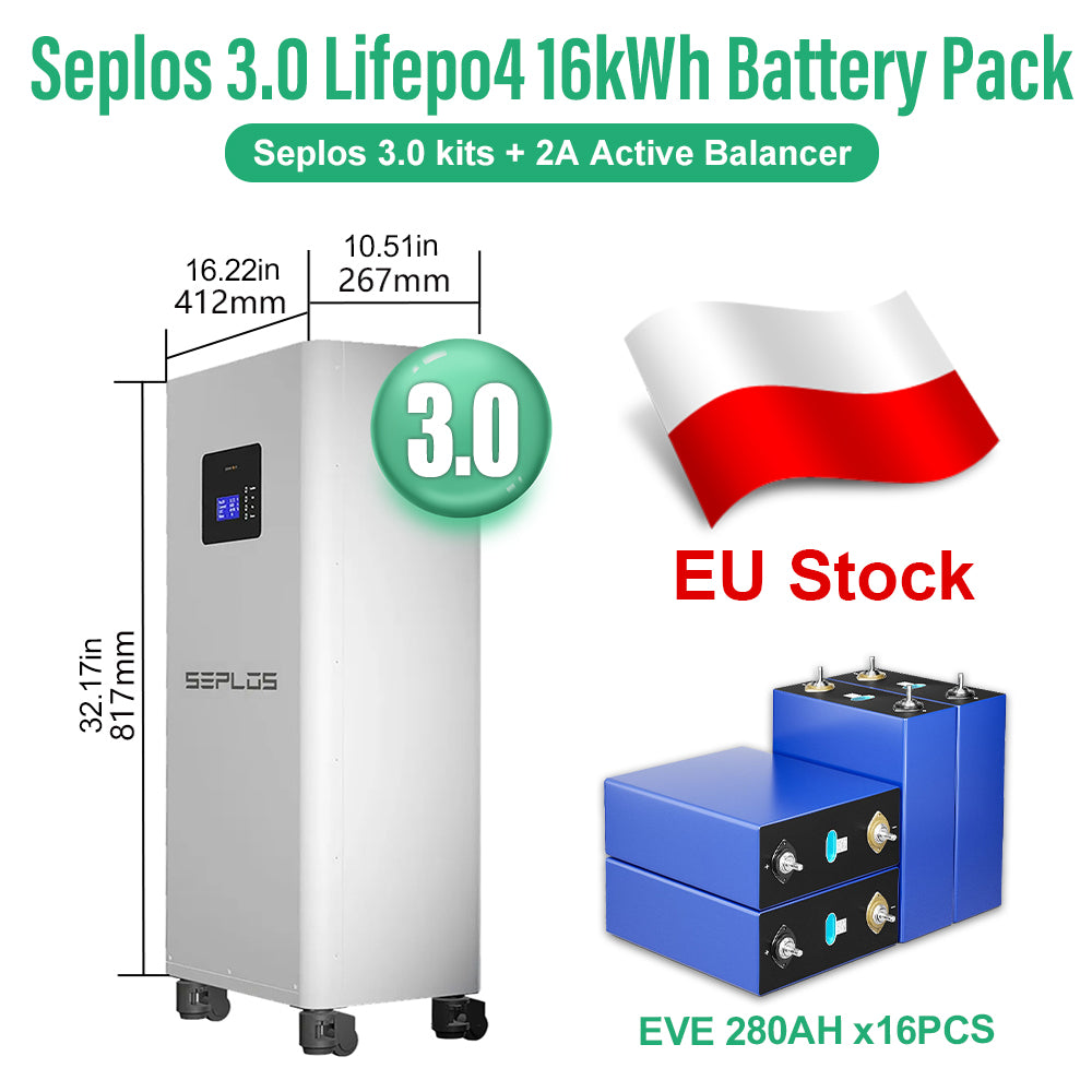 EU 15kWh Lifepo4 Battery DIY Pack EVE280K 8000 Cycles 10 Years Warranty Seplos 3.0 Kits CAN RS485 2A Active Balancer Tax Free