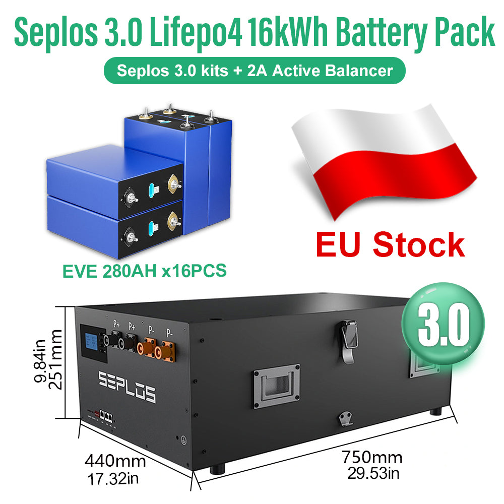 EU 15kWh Lifepo4 Battery DIY Pack EVE280K 8000 Cycles 10 Years Warranty Seplos 3.0 Kits CAN RS485 2A Active Balancer Tax Free