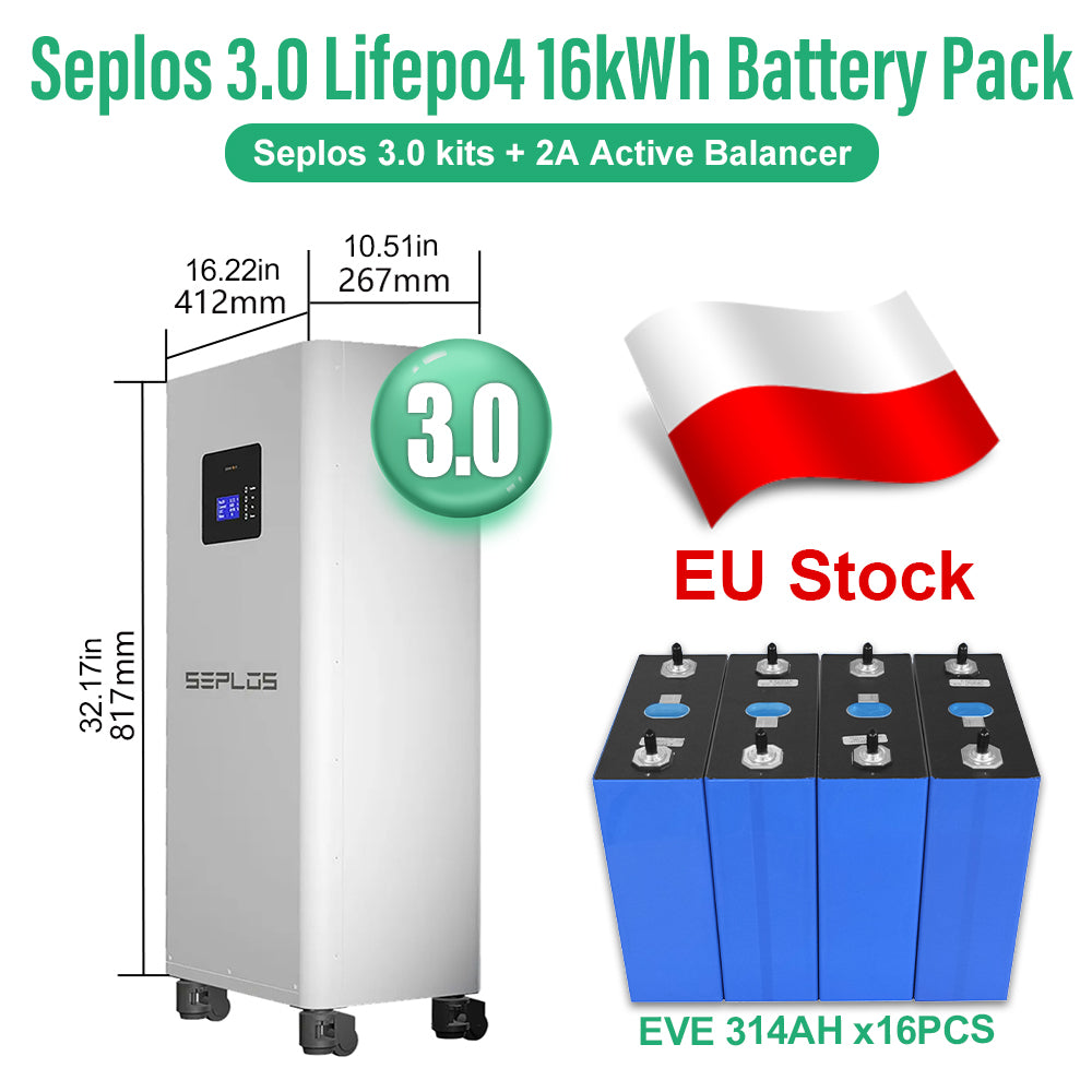 EU GradeA+ 16kWh EVE314 MB31 8000 Cycles EV Class DIY Lifepo4 Battery Pack Seplos 3.0 Kits 2A Active Balancer Home Solar Vat Free
