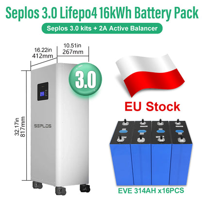 EU GradeA+ 16kWh EVE314 MB31 8000 Cycles EV Class DIY Lifepo4 Battery Pack Seplos 3.0 Kits 2A Active Balancer Home Solar Vat Free