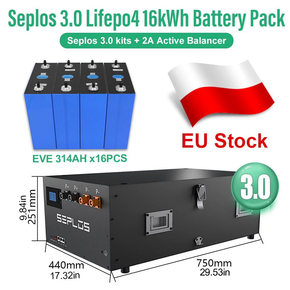 EU GradeA+ 16kWh EVE314 MB31 8000 Cycles EV Class DIY Lifepo4 Battery Pack Seplos 3.0 Kits 2A Active Balancer Home Solar Vat Free