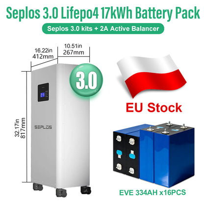 EU Lifepo4 Battery 17kWh DIY Pack EVE334 Grade A Seplos 3.0 Kits 2A Active Balancer CAN RS485 16 Parallel VAT Ship Free