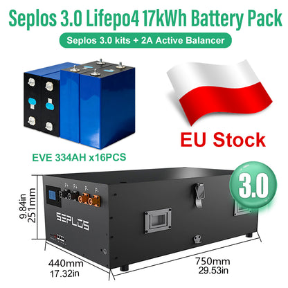 EU Lifepo4 Battery 17kWh DIY Pack EVE334 Grade A Seplos 3.0 Kits 2A Active Balancer CAN RS485 16 Parallel VAT Ship Free