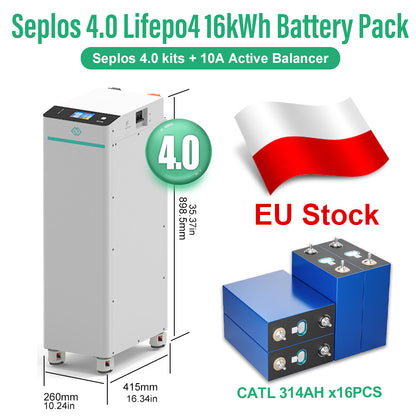 EU 16kWh Lifepo4 Battery Grade A CATL314 10 Years Warranty DIY Battery Pack Seplos 4.0 Kits 10A Active Balancer CAN RS485 250A DC Breaker Tax Free