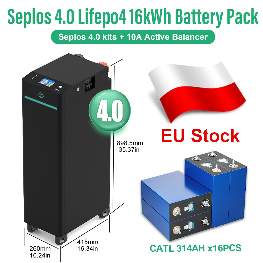 EU 16kWh Lifepo4 Battery Grade A CATL314 10 Years Warranty DIY Battery Pack Seplos 4.0 Kits 10A Active Balancer CAN RS485 250A DC Breaker Tax Free