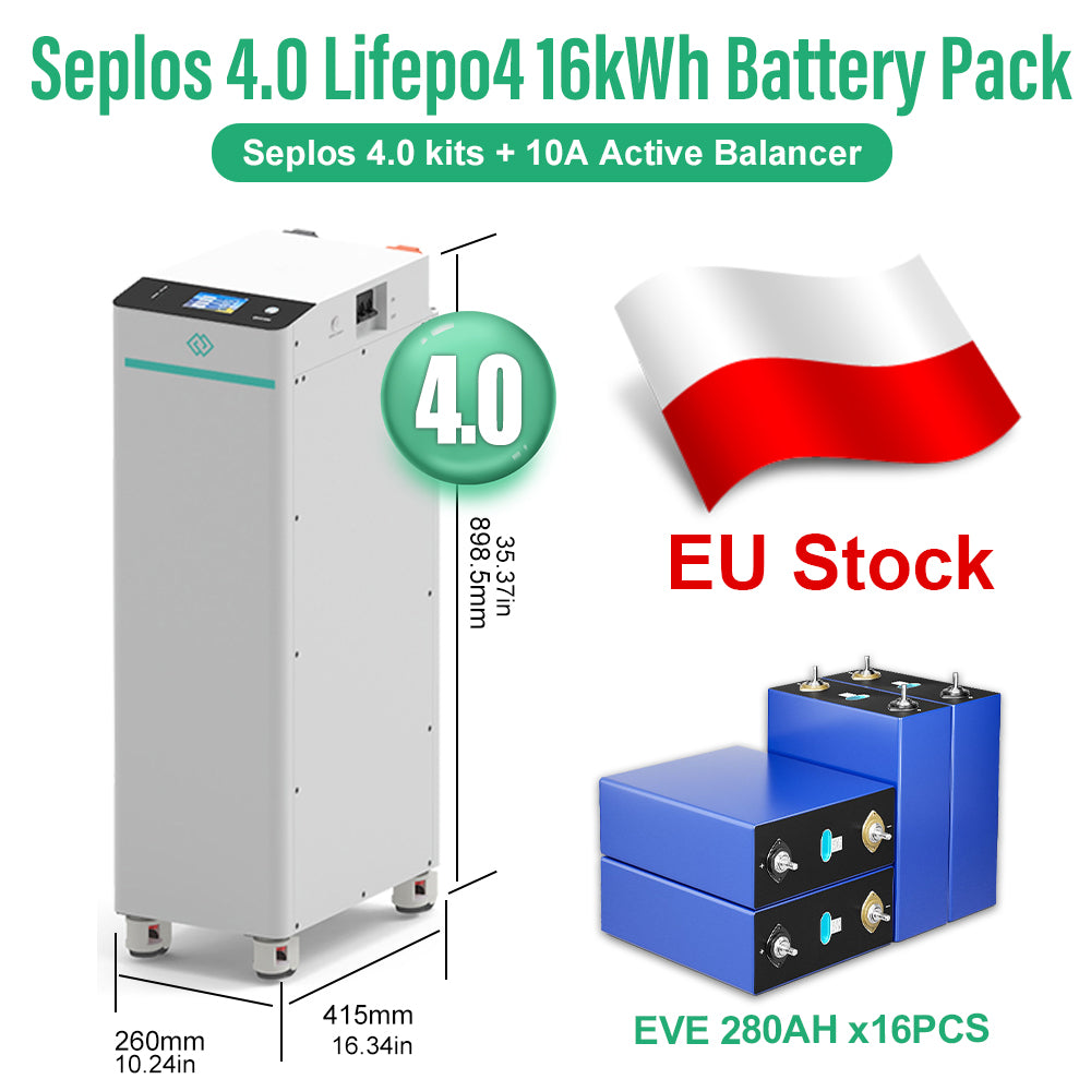 EU 15kWh Lifepo4 Battery 48V EVE280 8000 Cycles Seplos V4 Kits RS485 CAN 10A Active Balancer Tax Free