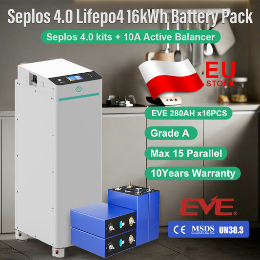 EU 15kWh Lifepo4 Battery 48V EVE280 8000 Cycles Seplos V4 Kits RS485 CAN 10A Active Balancer Tax Free