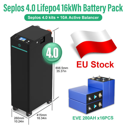 EU 15kWh Lifepo4 Battery 48V EVE280 8000 Cycles Seplos V4 Kits RS485 CAN 10A Active Balancer Tax Free