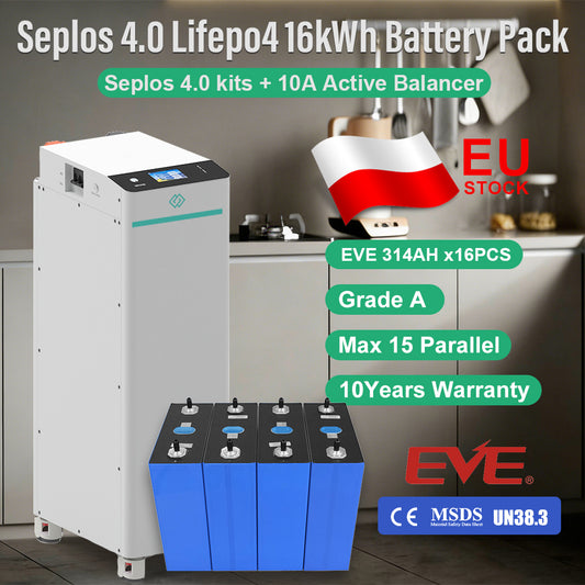 EU 16kWh Lifepo4 Battery EVE314 MB31 Grade A 8000 Cycles DIY Rechargeable Battery Pack Seplos V4 10A Active Balancer Max 15 Parallel Tax Free