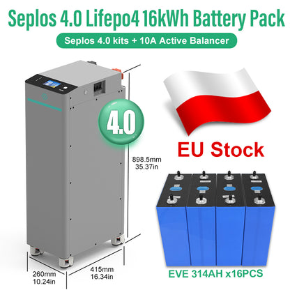 EU 16kWh Lifepo4 Battery EVE314 MB31 Grade A 8000 Cycles DIY Rechargeable Battery Pack Seplos V4 10A Active Balancer Max 15 Parallel Tax Free