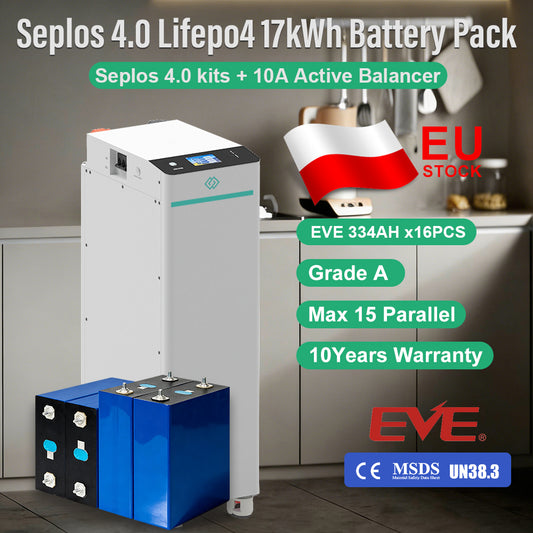 EU 17kWh Lifepo4 Battery EVE334 Grade A DIY Rechargeable Battery Pack Seplos 4.0 10A Active Balancer 250A DC Breaker Tax Free