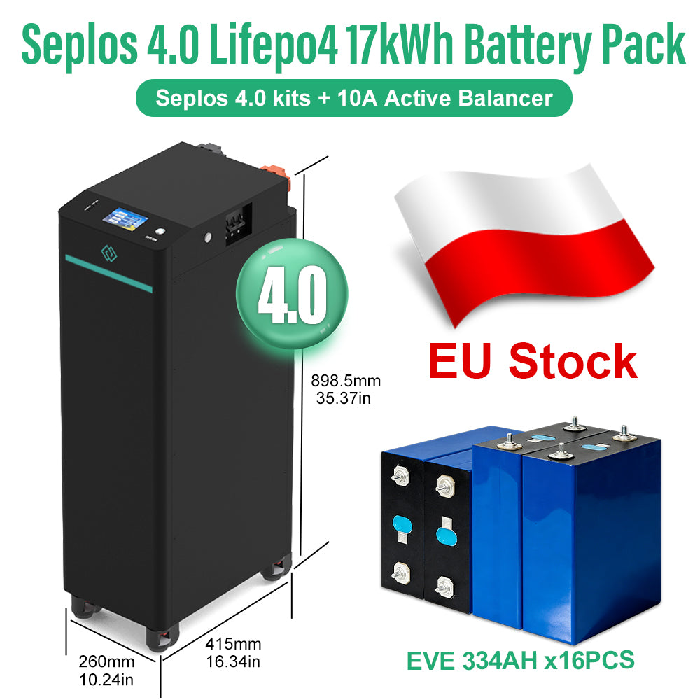 EU 17kWh Lifepo4 Battery EVE334 Grade A DIY Rechargeable Battery Pack Seplos 4.0 10A Active Balancer 250A DC Breaker Tax Free
