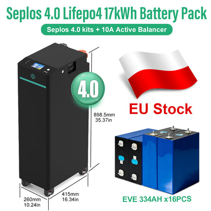 EU 17kWh Lifepo4 Battery EVE334 Grade A DIY Rechargeable Battery Pack Seplos 4.0 10A Active Balancer 250A DC Breaker Tax Free