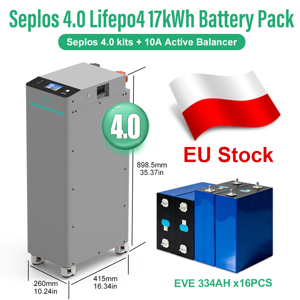 EU 17kWh Lifepo4 Battery EVE334 Grade A DIY Rechargeable Battery Pack Seplos 4.0 10A Active Balancer 250A DC Breaker Tax Free