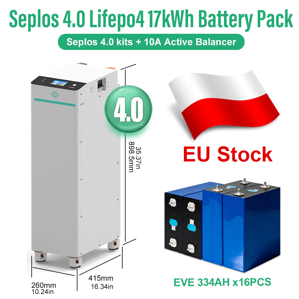 EU 17kWh Lifepo4 Battery EVE334 Grade A DIY Rechargeable Battery Pack Seplos 4.0 10A Active Balancer 250A DC Breaker Tax Free