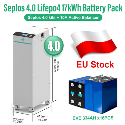 EU 17kWh Lifepo4 Battery EVE334 Grade A DIY Rechargeable Battery Pack Seplos 4.0 10A Active Balancer 250A DC Breaker Tax Free